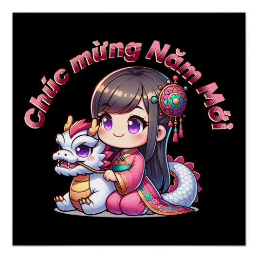 Vietnamees Nieuwjaar Meisje & Draak Perfect Poster (Voorkant)