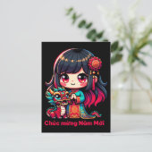 Vietnamees Nieuwjaar Meisje & Rode Draak Briefkaart (Staand voorkant)