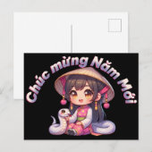 Vietnamees Nieuwjaar Meisje & Slang Briefkaart (Voorkant / Achterkant)