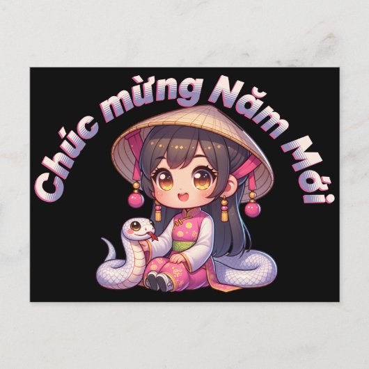 Vietnamees Nieuwjaar Meisje & Slang Briefkaart (Voorkant)