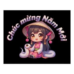 Vietnamees Nieuwjaar Meisje & Slang Perfect Poster