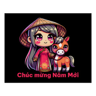 Vietnamees Nieuwjaarsmeisje & Slang Perfect Poster