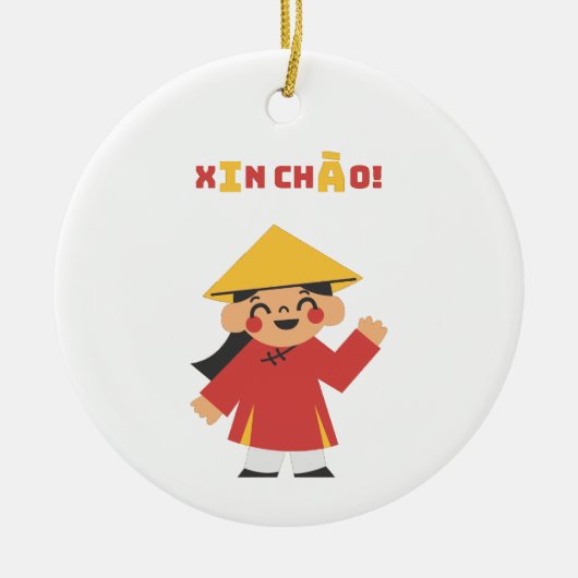 "Vietnamees ‘Xin Chào!’ Sleutelhanger – cultuurges Keramisch Ornament (Voorkant)