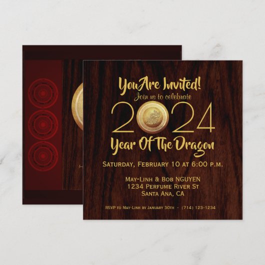 Vietnamese bronzen drums Têt draak Nieuwjaar 2024 Save The Date (Voorkant / Achterkant)