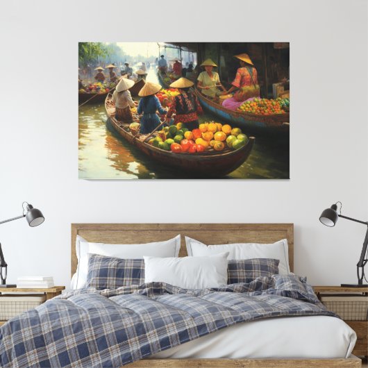 Vietnamese drijvende markt, Vietnam, Vietnamees Canvas Afdruk (Insitu (Slaapkamer))