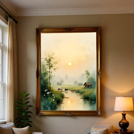 Vietnamese Morning Mist Dorps Watercolor Kunst Canvas Afdruk