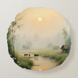 Vietnamese Morning Mist Dorps Watercolor Kunst Rond Kussen