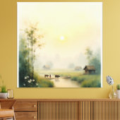 Vietnamese Morning Mist Village Watercolor Art Canvas Afdruk (Insitu (Woonkamer))