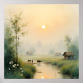 Vietnamese Morning Mist Village Watercolor Art Poster (Voorkant)