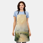 Vietnamese Morning Mist Village Watercolor Art Schort (Gedragen)