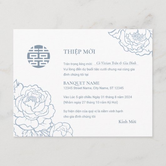 Vietnamese pioenensong Hy Wedding Thiệp Mời (Voorkant)
