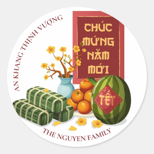Vietnamese Tet Art with Symbolic Fruits & Flowers Ronde Sticker (Voorkant)