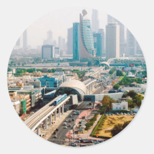 View of city metro line and skyscrapers ronde sticker