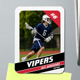 Vigoureuze rode witte lacrosse-speler foto  magneet