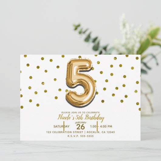 VIJF 5 5e Gouden Ballon & Confetti Verjaardagsfees Kaart (Staand voorkant)