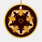 Vijf bijen op een donkerbruine goudvelg keramisch ornament (Voorkant)