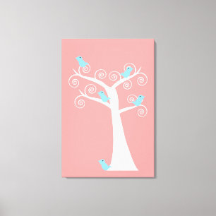 Vijf Blauwe Vogels in een Boom op Canvasprint Canvas Afdruk