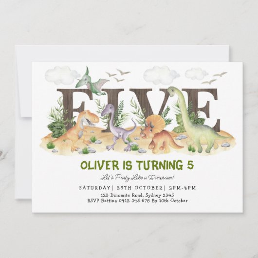 VIJF | Boy Dinosaurs 5th Birthday Party Kaart (Voorkant)
