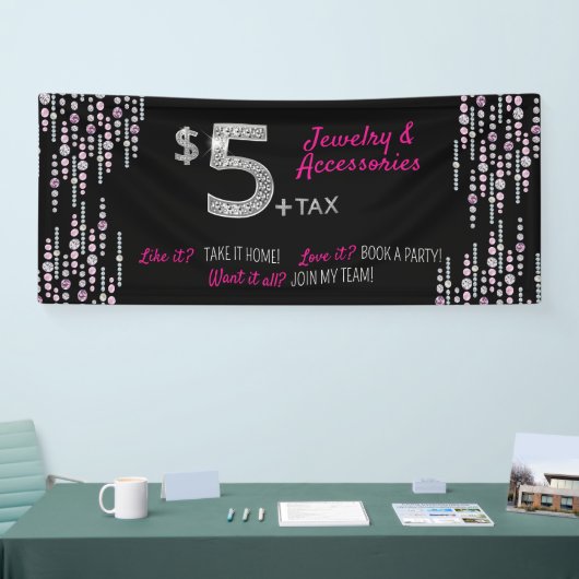 Vijf dollar voor juwelen en accessoires - Paparazz Spandoek (Beurs)