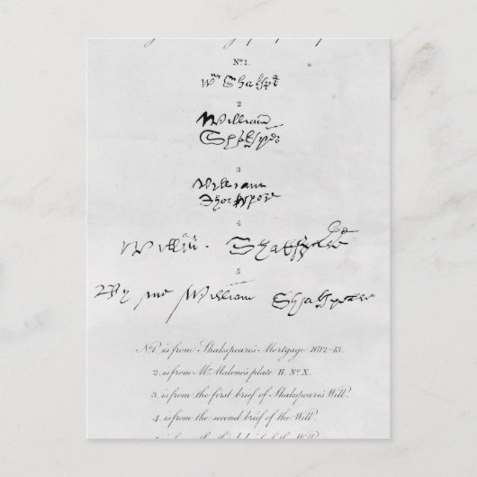 Vijf echte autografieken van William Shakespeare Briefkaart (Voorkant)