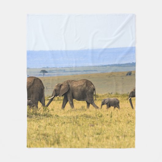 VIJF ELEPHANTS OP BROWN GRASS FLEECE DEKEN (Voorkant)
