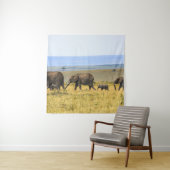 VIJF ELEPHANTS OP BROWN GRASS WANDKLEED (In situ)