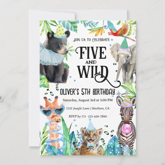 Vijf en wilde luipaard safari dieren 5e verjaardag kaart (Voorkant)