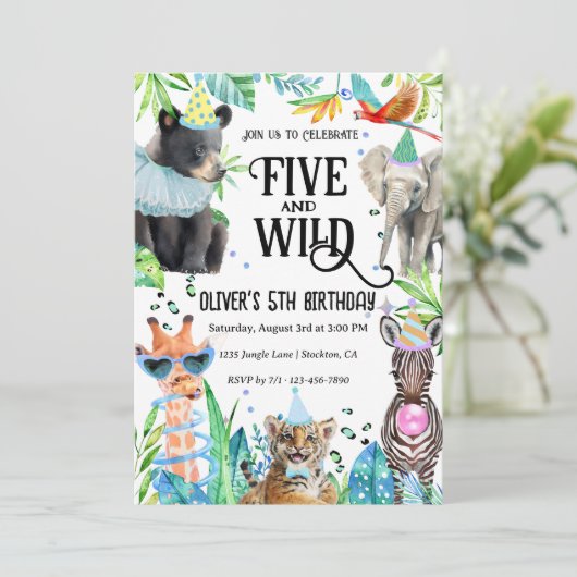 Vijf en wilde luipaard safari dieren 5e verjaardag kaart (Staand voorkant)