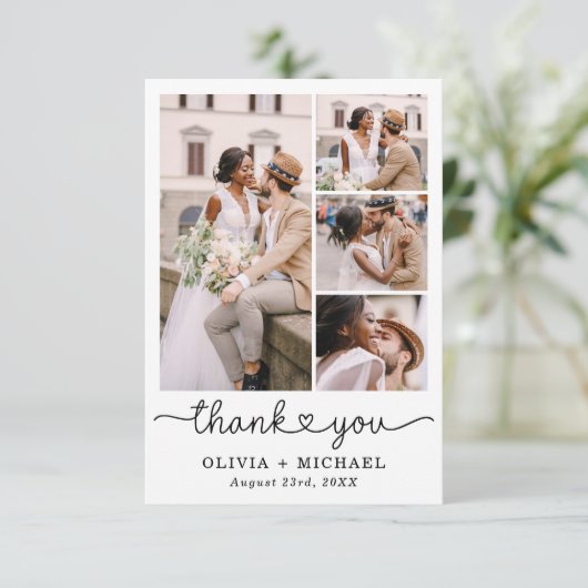 Vijf foto collage script hart bruiloft bedankkaart (Staand voorkant)