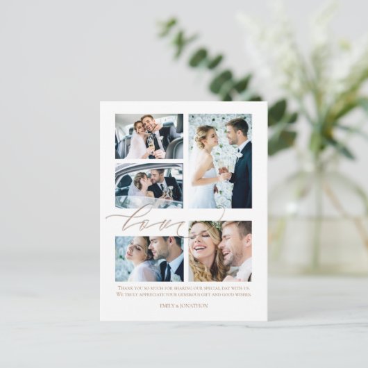 Vijf foto collage Script Love Wedding Bedankt Briefkaart (Staand voorkant)