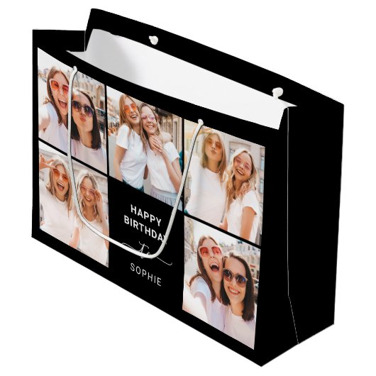 Vijf Fotoraster | Zwarte Happy Birthday Groot Cadeauzakje (Voorkant Gekanteld)