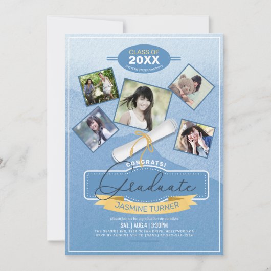 Vijf Foto's op Waterverf Afstuderen Blauw ID892 Kaart (Voorkant)