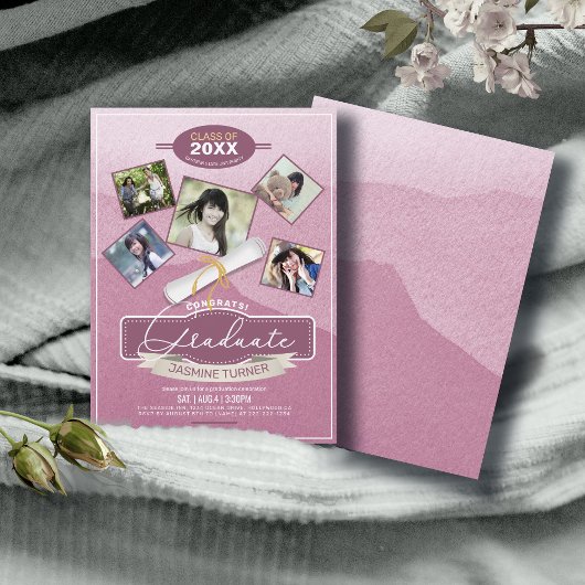 Vijf Foto's op Waterverf Afstuderen Roze ID892 Kaart