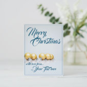 Vijf gouden kerstballen - blauw schrijven feestdagenkaart (Staand voorkant)
