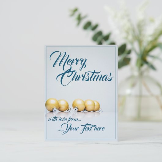 Vijf gouden kerstballen - blauw schrijven feestdagenkaart (Staand voorkant)