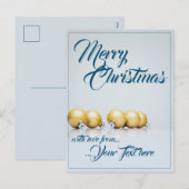 Vijf gouden kerstballen - blauw schrijven feestdagenkaart (Voorkant / Achterkant)