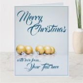 Vijf gouden kerstballen - blauw schrijven kaart (Voorkant)