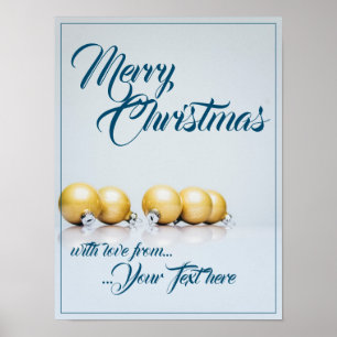 Vijf gouden kerstballen - blauw schrijven poster