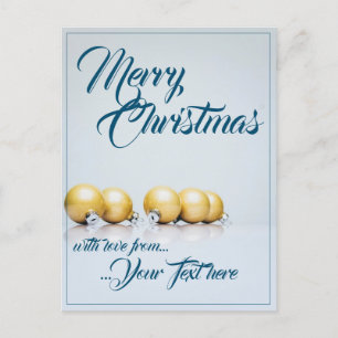 Vijf gouden kerstballen - blauwe tekst feestdagenkaart