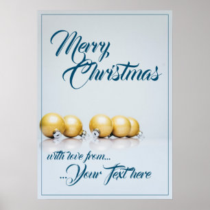 Vijf gouden kerstballen - blauwe tekst poster