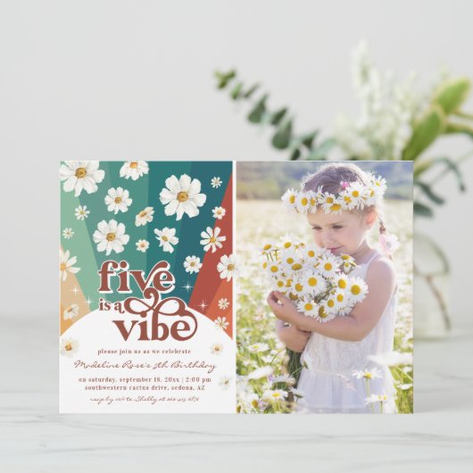 Vijf is een Vibe 5de verjaardag | Retro Daisy Rain Kaart (Staand voorkant)