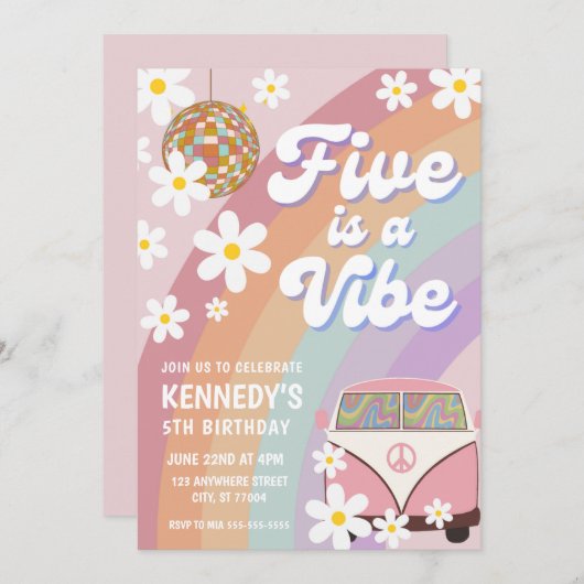 VIJF IS EEN VIBE 5E VERJAARDAG UITNODIGING GROOVY (Voorkant / Achterkant)