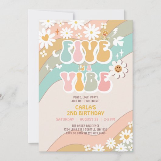Vijf is een Vibe Daisy Hippie Groovy Retro Verjaar Kaart (Voorkant)