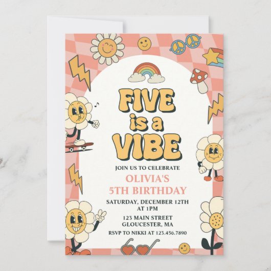 Vijf is een Vibe Daisy & Retro Van Pink 5e verjaar Kaart (Voorkant)