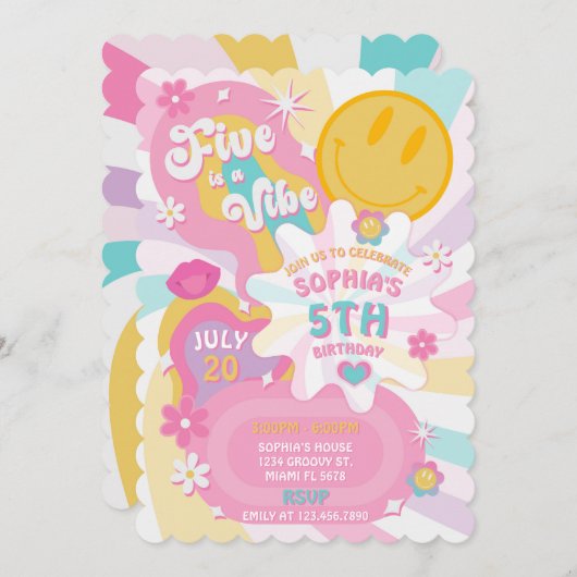 Vijf is een Vibe Groovy 5th Birthday uitnodiging (Voorkant / Achterkant)