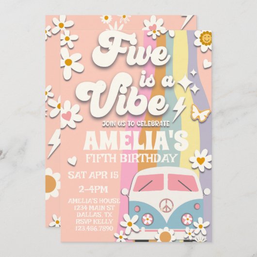 Vijf is een Vibe Groovy 5th Birthday uitnodiging (Voorkant / Achterkant)