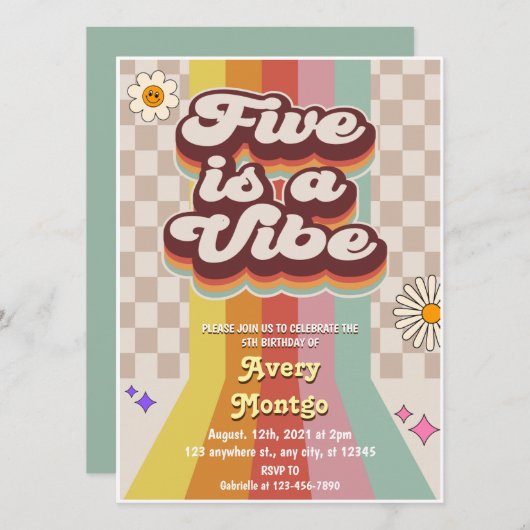 Vijf is een Vibe Groovy 5th Birthday uitnodiging (Voorkant / Achterkant)