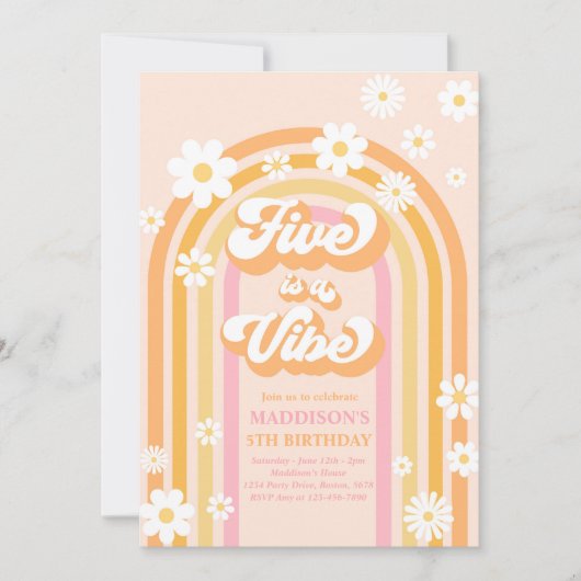 Vijf is een Vibe Groovy Daisy Rainbow 5e verjaarda Kaart (Voorkant)