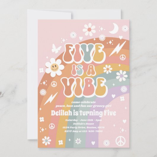 Vijf is een Vibe Groovy Hippie Rainbow 5e verjaard Kaart (Voorkant)