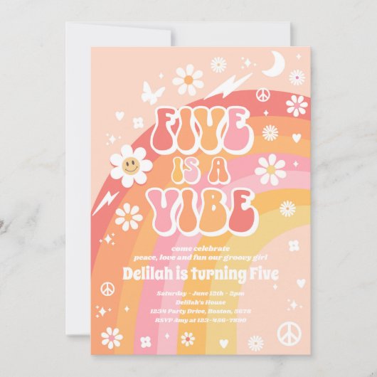 Vijf is een Vibe Groovy Hippie Rainbow 5e verjaard Kaart (Voorkant)